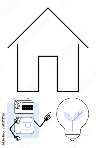 Robot pointing at energy-efficient light bulb beside a house outline. Ideal for smart home automation, AI technology, green energy, sustainability, innovation, future concepts, ecological design