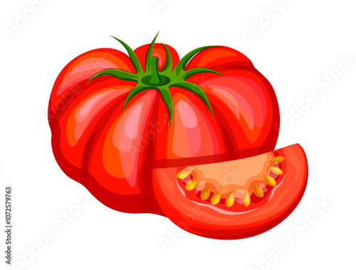 Juicy fresh tomatoes in cartoon style. Vector illustration of delicious round and half red tomatoes, with green stem, isolated on white background. Useful vegetables. Harvest. Healthy lifestyle.