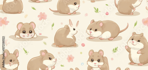  Cartoon Bunnies Lying in a Peaceful Meadow in a Repeated Decorative Pattern