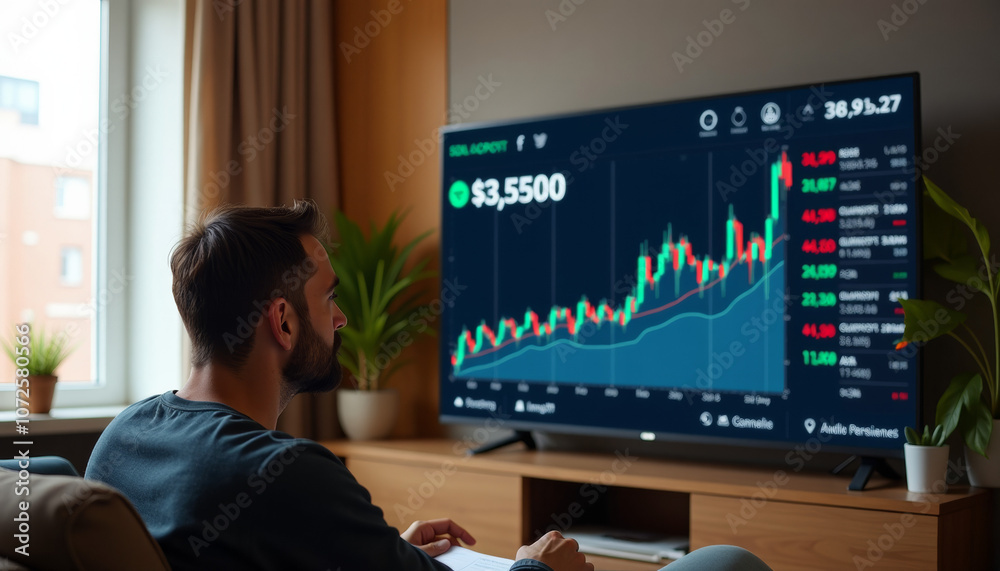Man Watching Stock Market Trends at Home Man Watching Stock Market Trends at Home
