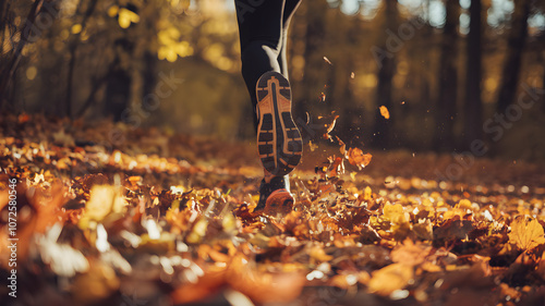 Runner enjoying an autumn jog on a sunlit trail covered in colorful fallen leaves during a crisp afternoon