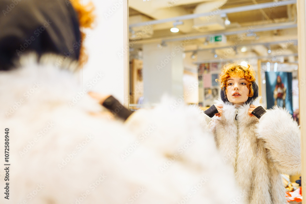 portrait of red-haired attractive young woman trying on fashionable fur coat in store portrait of red-haired attractive young woman trying on fashionable fur coat in store