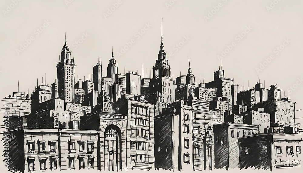 Black and White Urban Sketch of City Skyline Black and White Urban Sketch of City Skyline
