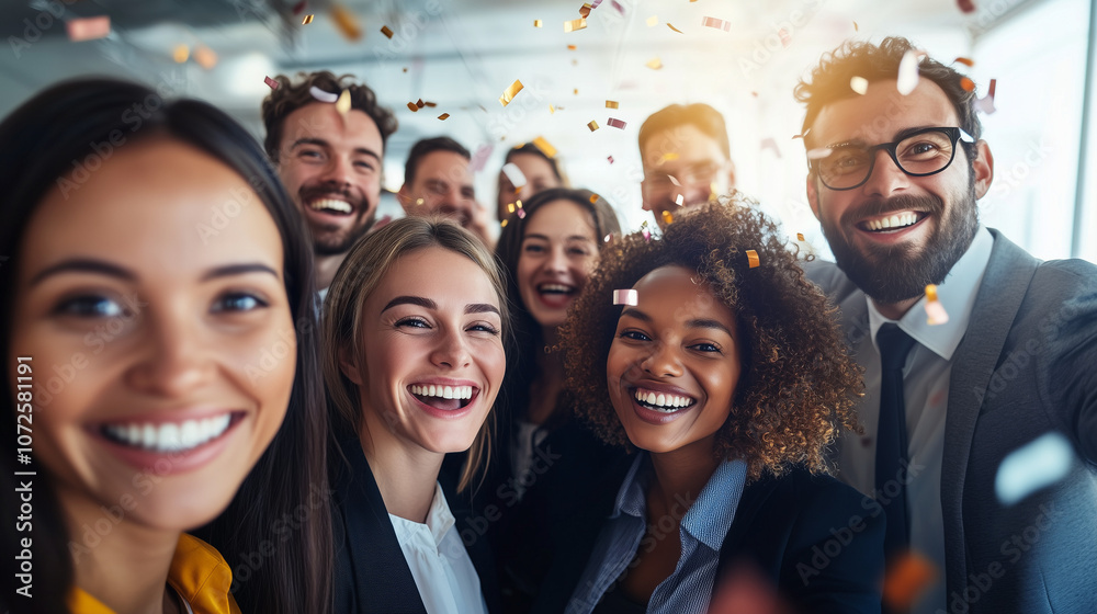 A group of business professionals celebrating in an office setting, confetti falling around them, eyes open with excitement.