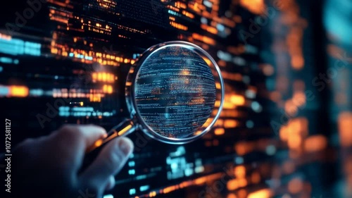 Wallpaper Mural Hand holding magnifying glass over digital code interface, symbolizing data analysis, quality assurance, software testing and debugging Torontodigital.ca