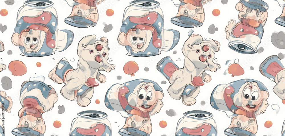  Cartoon Astronaut Dogs Floating in Space in a Decorative Pattern