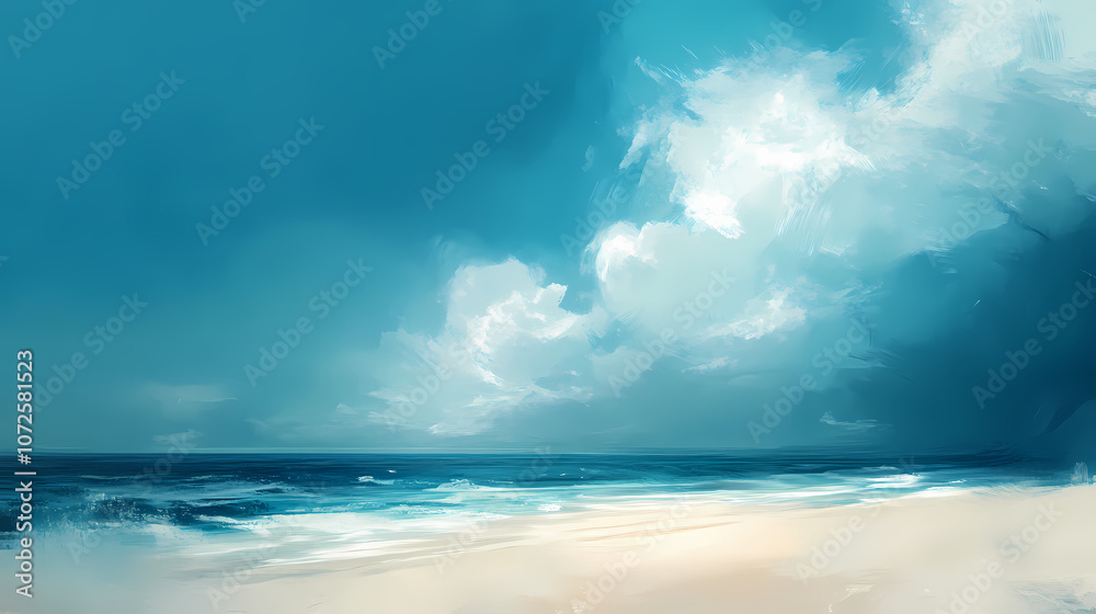 An abstract painting depicting a coastal scene with a blue ocean, sandy beach, and a cloudy sky. Abstract. Illustration An abstract painting depicting a coastal scene with a blue ocean, sandy beach, and a cloudy sky. Abstract. Illustration