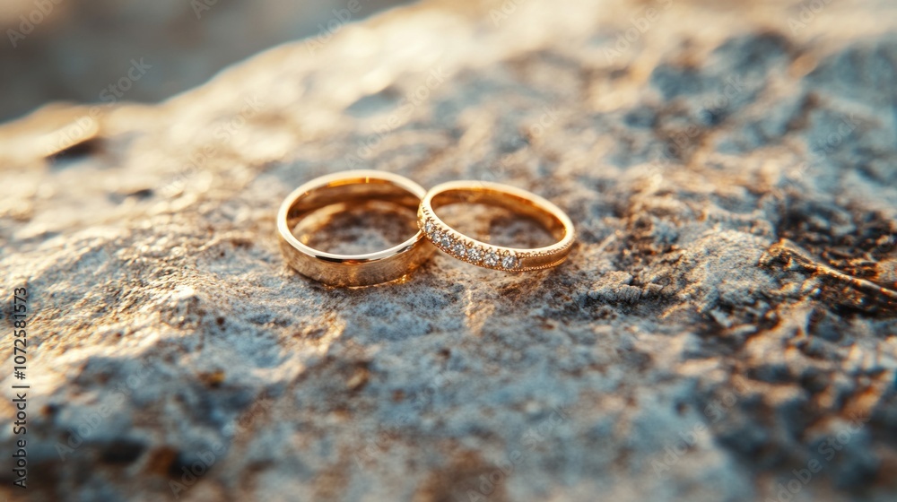 Gold wedding rings closeup, textured stone, symbolizing unity, ideal for wedding visuals.