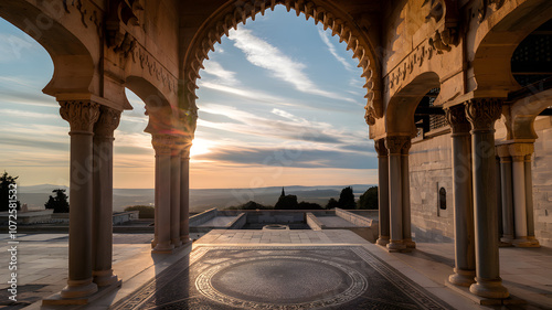 Sunset view from ornate arches in historical architecture overlooking a serene landscape photo