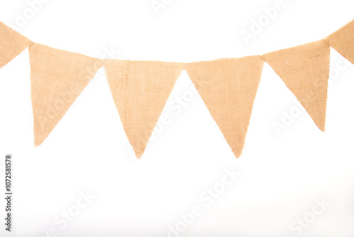 A triangle burlap banner on a white back ground.