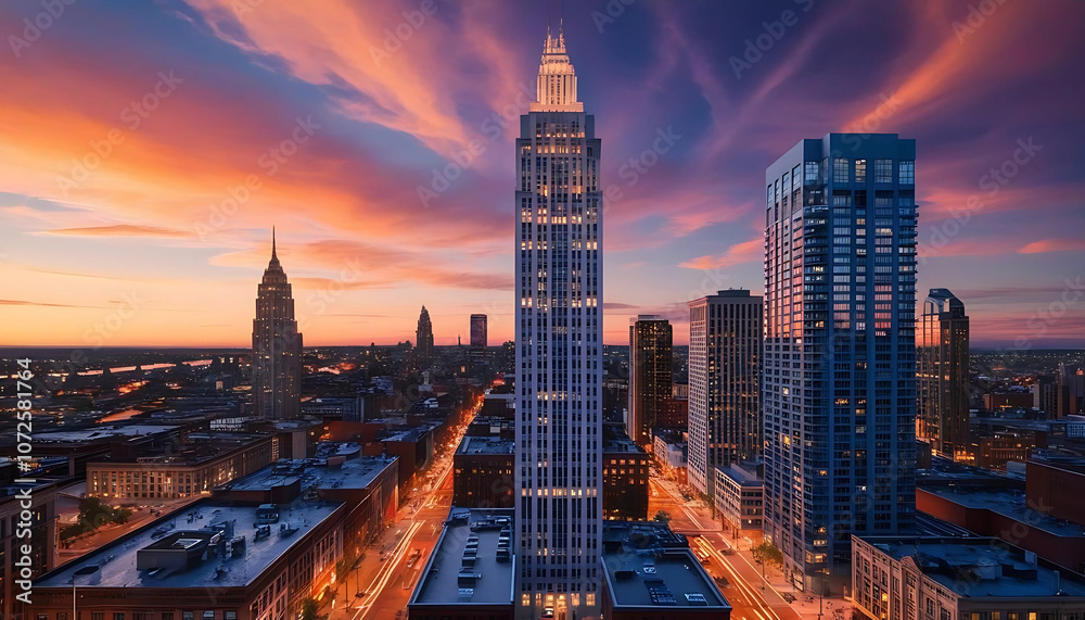 Fototapeta premium Cityscape at Dusk: Towering Skyline