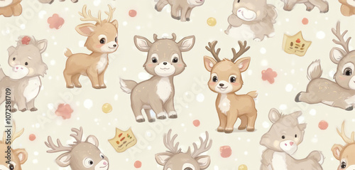  Cartoon Baby Deer with Floral Details in a Repeated Whimsical Pattern
