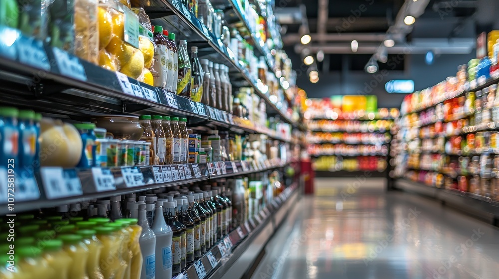 Grocery store aisle filled with products on shelves
