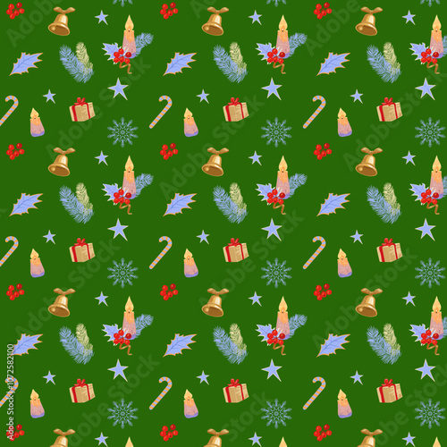 New Year's pattern with pine branches, holly, bell and candle.eps