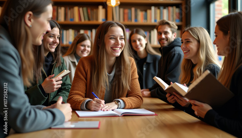 Students Engaging in Lively Discussion in Library