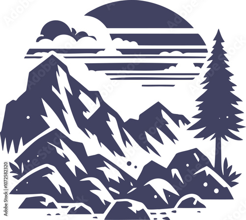 Minimalistic silhouette of a mountain landscape with the evening sun made in a graphic style