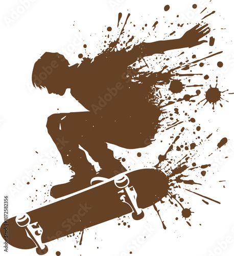 Silhouette of a skateboarder performing a jump with splatter effects in graffiti stencil style for urban and sports design projects