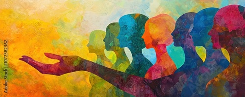 Abstract symbolic art showing a side view of a womana??s hand uplifting a group of diverse, abstract female figures in bright, feminine colors.
