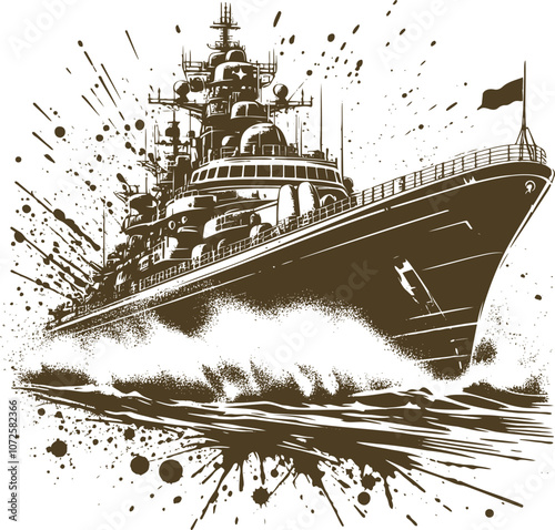 Stylized in blots and splashes, the silhouette of a warship cutting through the waves is made in a graphic style