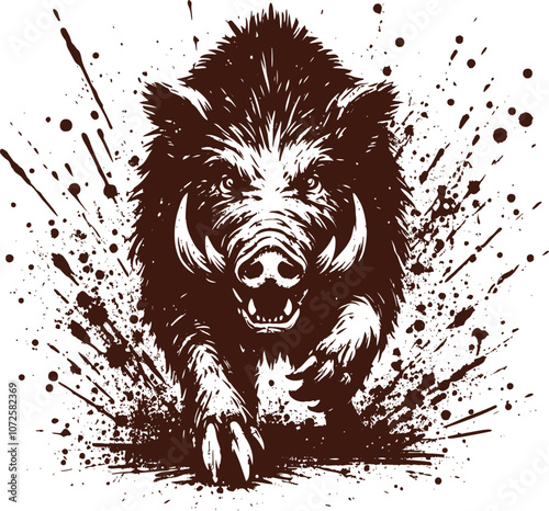 Strength and aggression wild boar running forward in splashes and blots in graffiti style