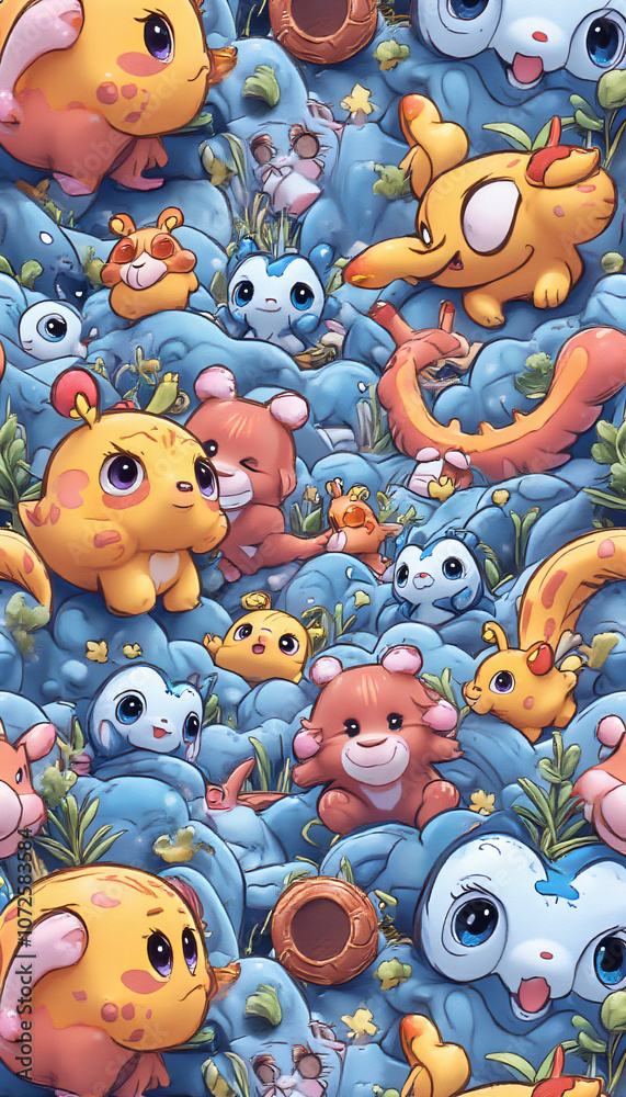 Colorful Cartoon Sea Creatures with Whimsical Details in Oceanic Pattern Colorful Cartoon Sea Creatures with Whimsical Details in Oceanic Pattern