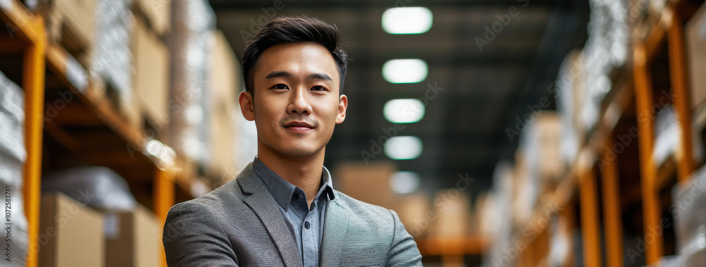 Fototapeta premium Confident Young Businessman in Warehouse Setting with Arms Crossed