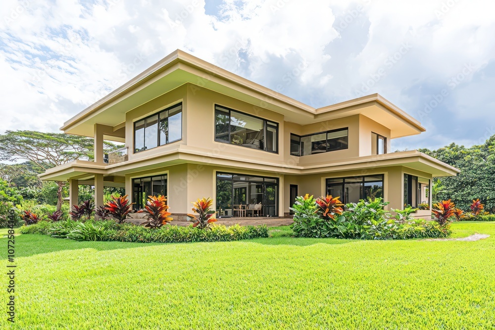 Spacious beige house set against lush green grass Spacious beige house set against lush green grass