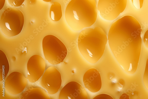 Processed texture of radomer or maasdam yellow cheese with large holes close up. Detailed photo of cheese surface