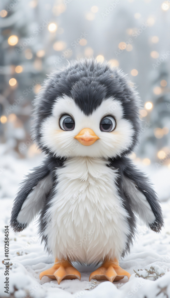 Fluffy Baby Penguin Standing in Snow with Frosty Background Fluffy Baby Penguin Standing in Snow with Frosty Background