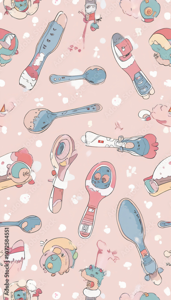 Pink Cartoon Kitchen Utensils and Cooking Items Pattern with Cute Details Pink Cartoon Kitchen Utensils and Cooking Items Pattern with Cute Details