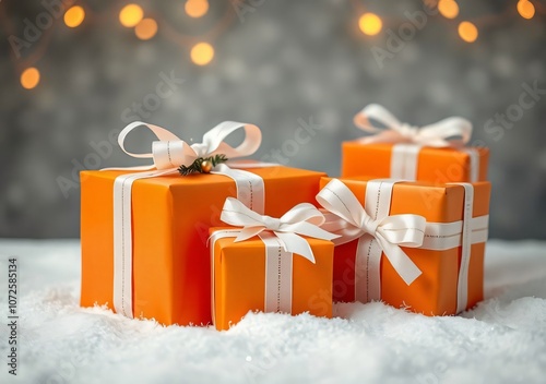 wrapped orange christmas gift parcels with white ribbons with a blurred white background with lights