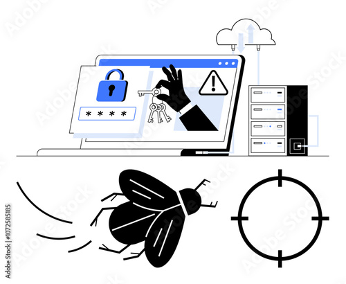 Laptop screen with security lock, keys, exclamation warning, cloud server, and virus bug in crosshairs. Ideal for cybersecurity, data protection, malware detection, IT security system alerts online