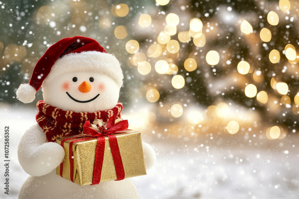 Snowman with gift boxes on the background of Christmas tree, flashlights and snowflakes. Snowman with gift boxes on the background of Christmas tree, flashlights and snowflakes.