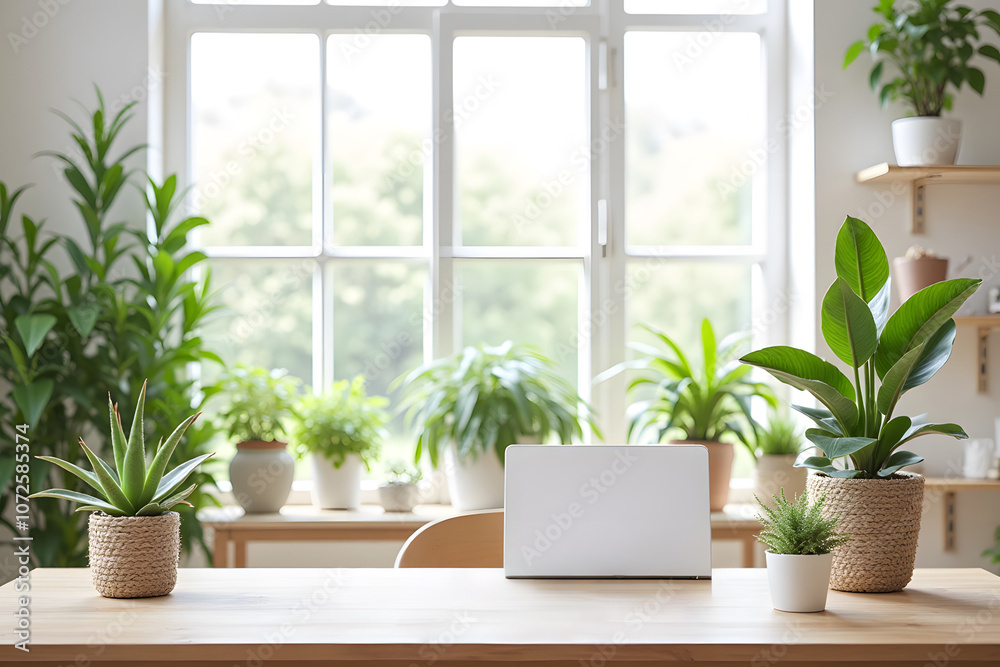 Fototapeta premium Modern home office with lush green plants and laptop on wooden desk