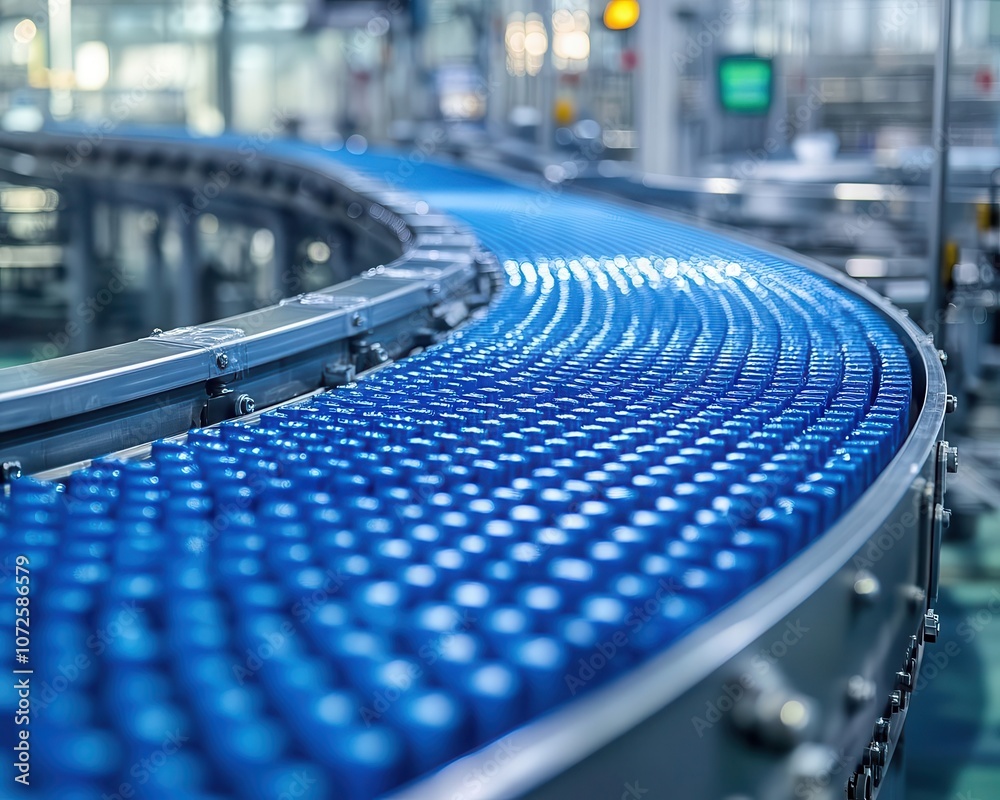 Fototapeta premium A closeup of a conveyor belt with packages moving along it, Conveyor System, Detailed and fastpaced