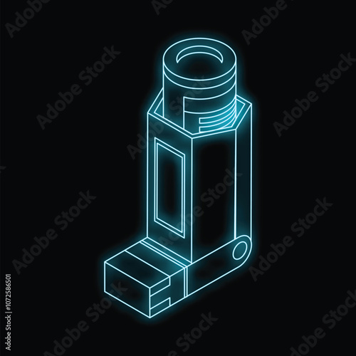 Neon blue inhaler glowing on a black background representing asthma and respiratory problems