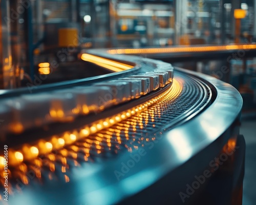 A closeup of a conveyor belt with packages moving along it, Conveyor System, Detailed and fastpaced photo