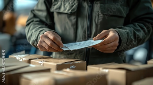 A closeup of a delivery person attaching shipping confirmation labels, Verification, Detailed and organized