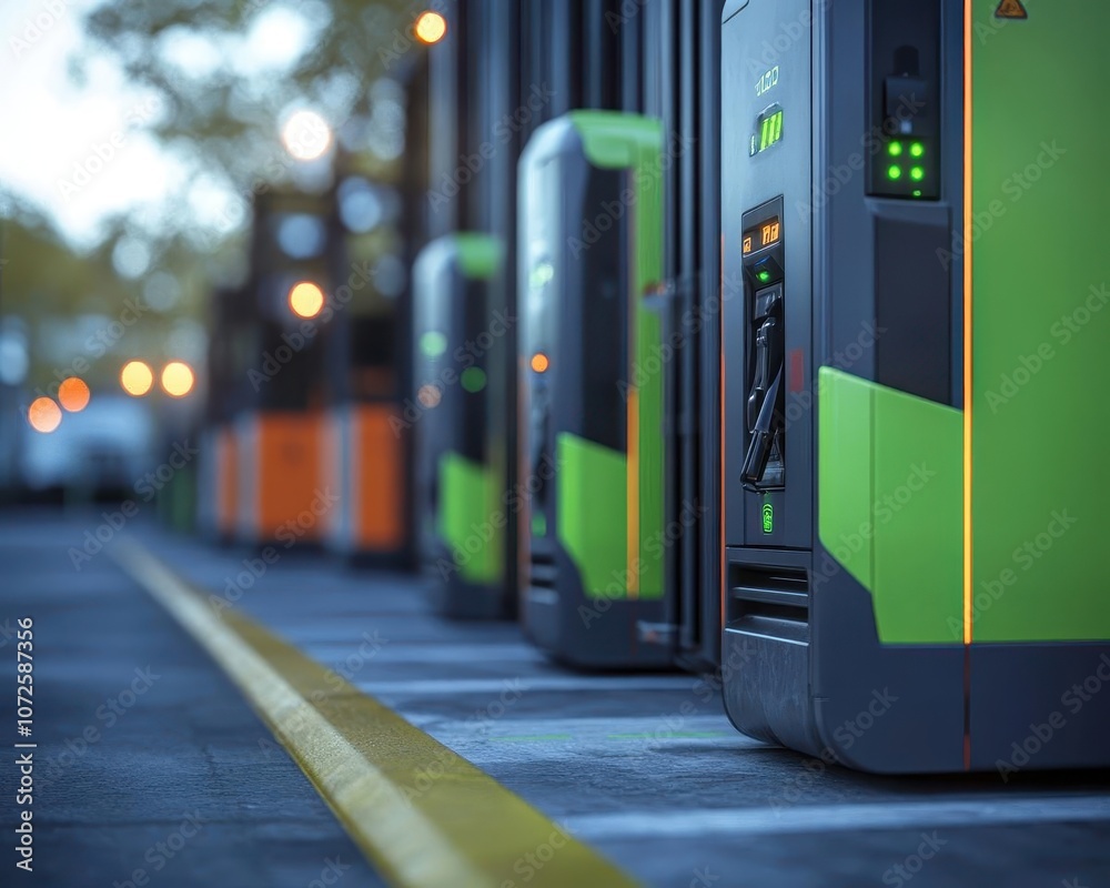 A closeup of batteryoperated forklifts charging at a station, Green Equipment, Modern and ecofriendly A closeup of batteryoperated forklifts charging at a station, Green Equipment, Modern and ecofriendly