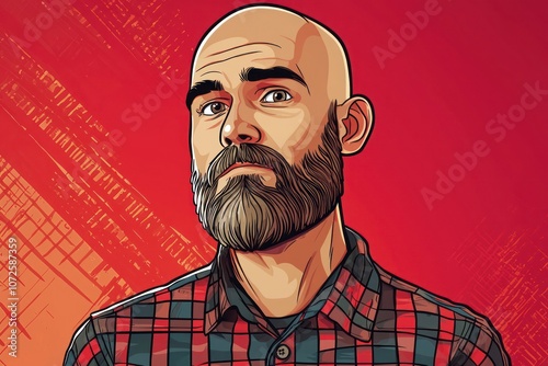 Cartoon Character of a Focused Bearded Man - A bald bearded man in a checkered shirt with a concentrated expression on a red background.