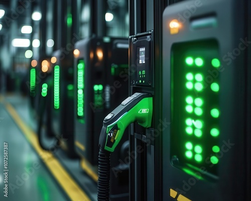 A closeup of batteryoperated forklifts charging at a station, Green Equipment, Modern and ecofriendly photo