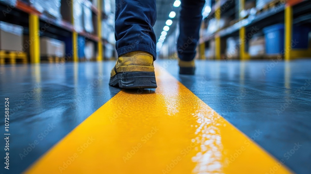 Obraz premium A closeup of workers checking warehouse floor markings for safe navigation, Safety, Informative and practical