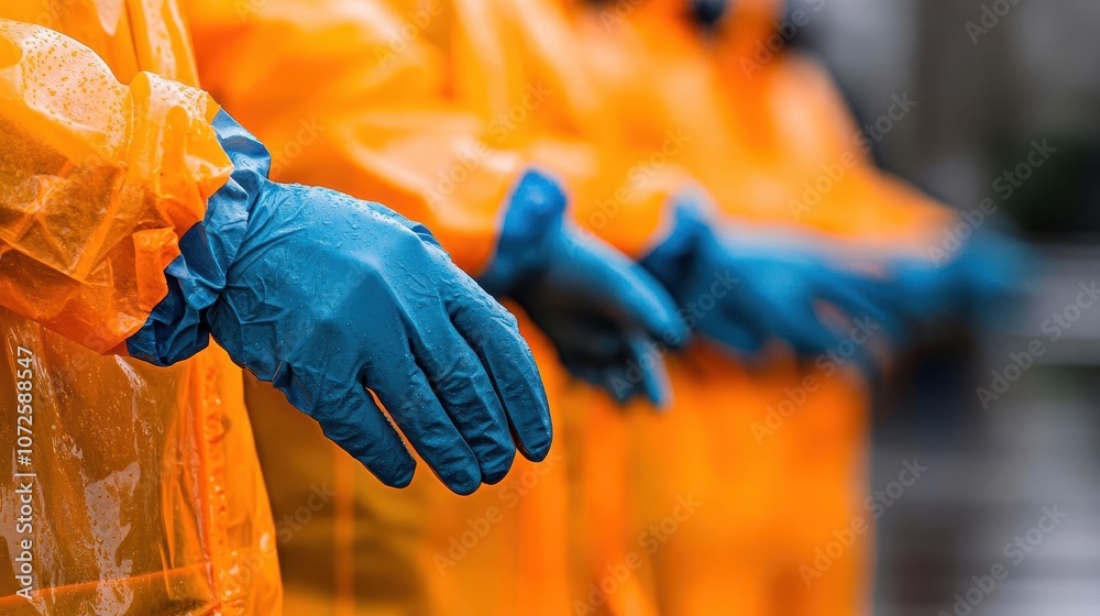 Obraz premium A closeup of workers donning highvisibility vests and gloves, PPE, Detailed and safe