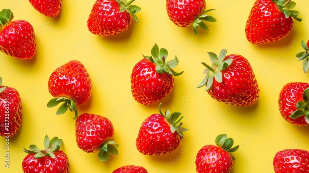 Bright strawberries arranged on yellow background Bright strawberries arranged on yellow background
