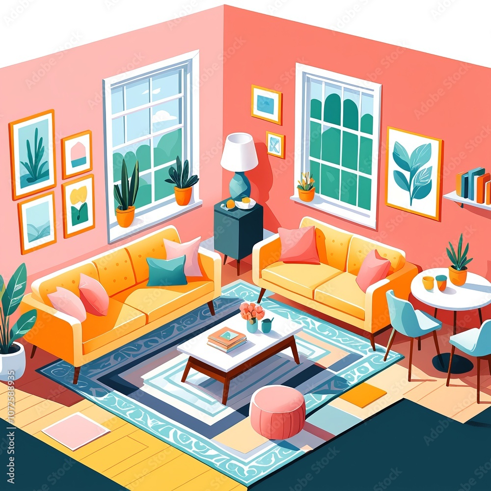 Cozy mid-century modern living room with vibrant decor and indoor plants Cozy mid-century modern living room with vibrant decor and indoor plants
