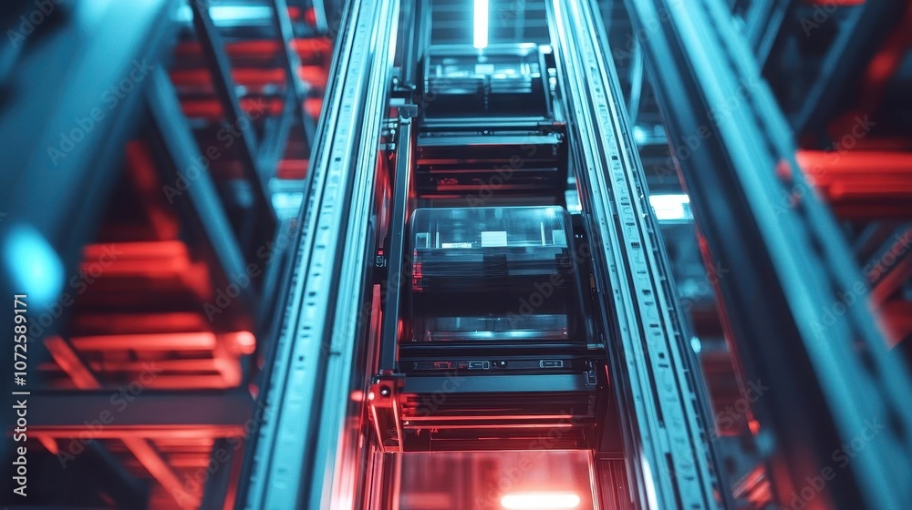 A photograph of automated storage lifts handling items in a warehouse, Automation, Hightech and precise A photograph of automated storage lifts handling items in a warehouse, Automation, Hightech and precise