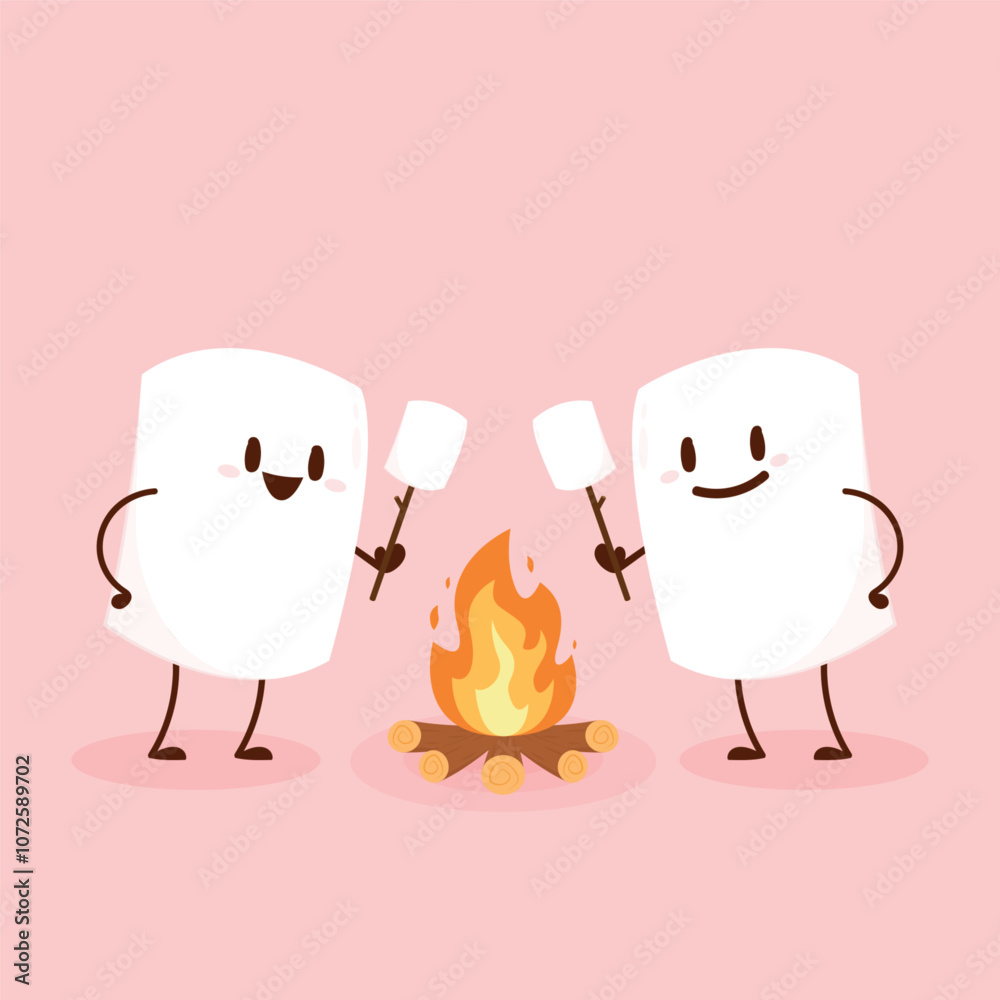 Marshmallow character. Marshmallow piece on skewer roasting on forest bonfire. bonfire vector. Marshmallow cartoon vector. Marshmallow character. Marshmallow piece on skewer roasting on forest bonfire. bonfire vector. Marshmallow cartoon vector.