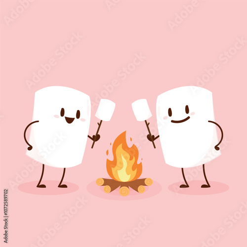 Marshmallow character. Marshmallow piece on skewer roasting on forest bonfire. bonfire vector. Marshmallow cartoon vector. 