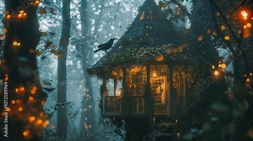 Scary Baba Yaga's hut in a forest