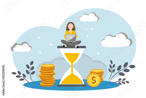 The concept of working time and time management. A woman and an hourglass. Making money on freelancing